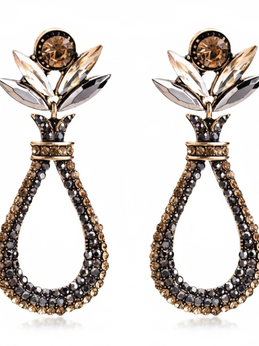 Womens Gold Flower Rhinestone Teardrop Earrings